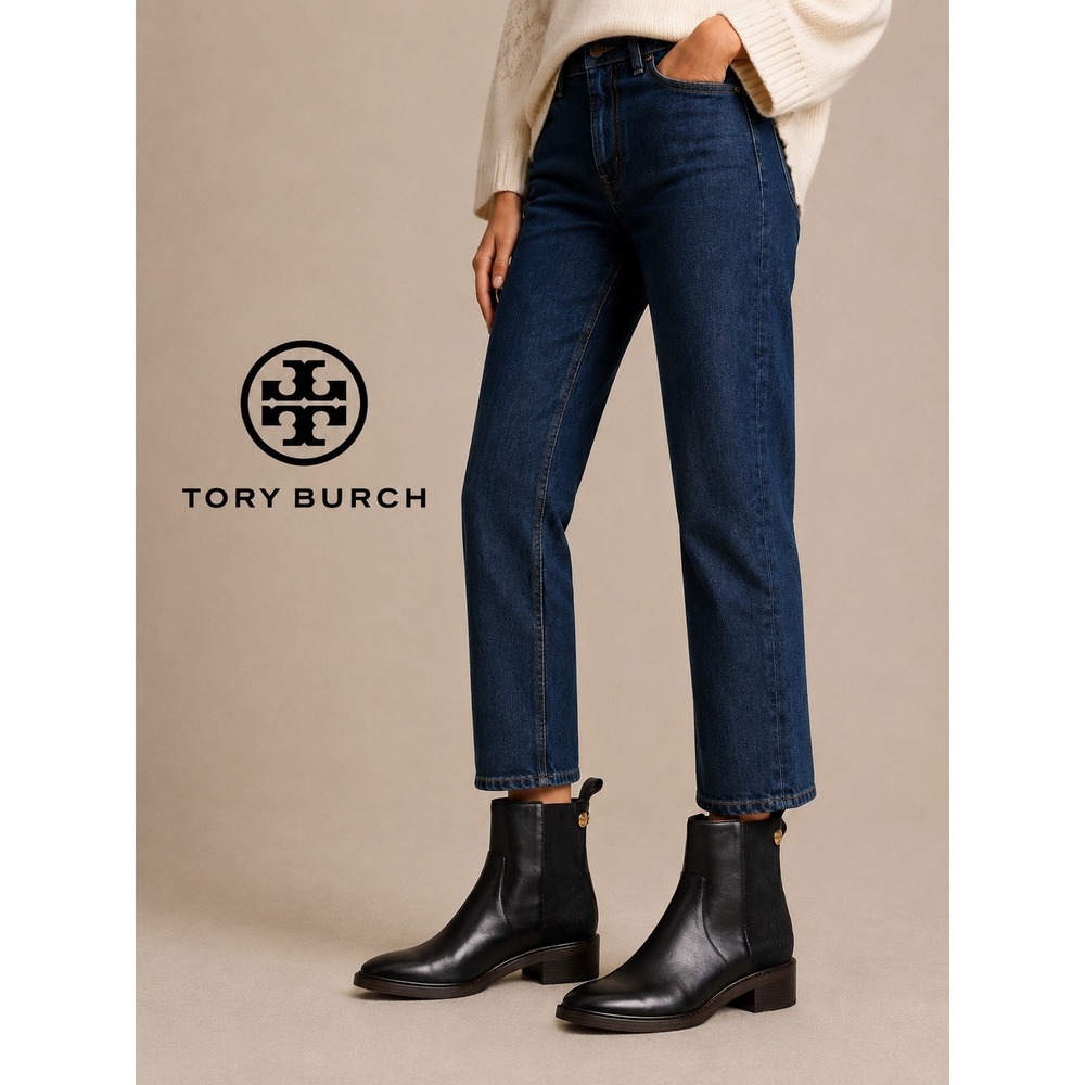 Tory Burch Chelsea Boots Black Square-Toe Pull On Leather Womens Size 9.5 M